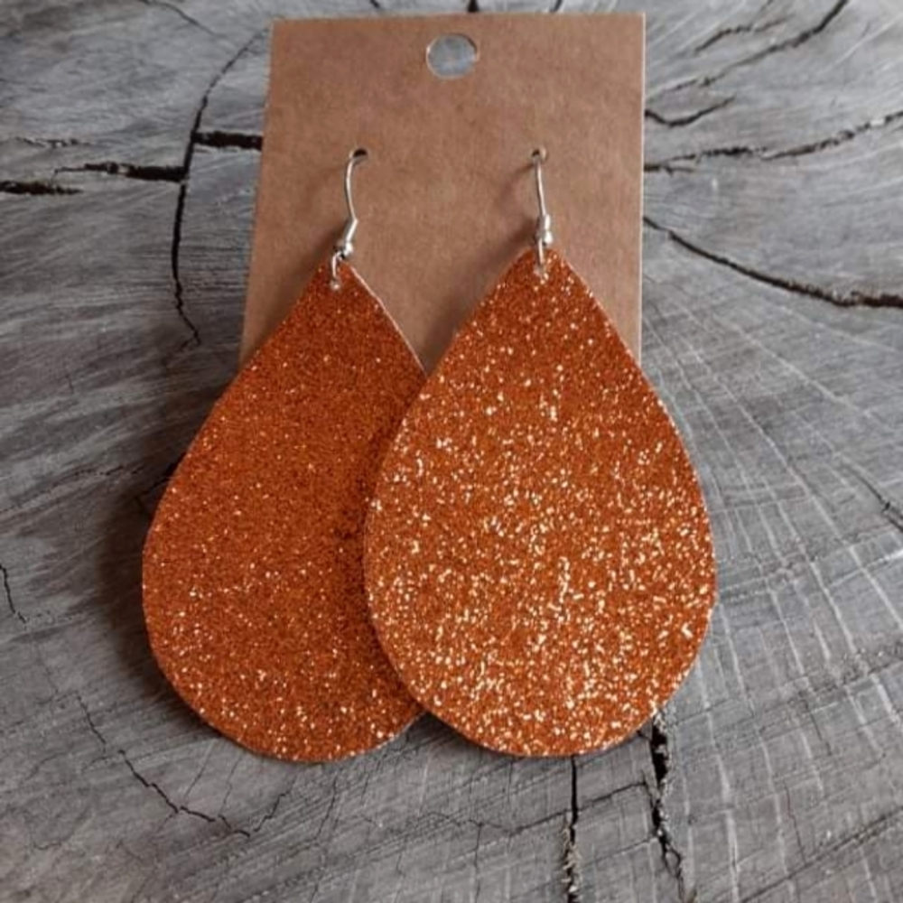 Orange Glittery Faux Leather Teardrop Earrings